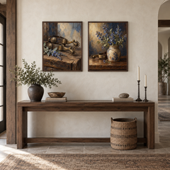 Spurs and Blue Sage Western oil painting set of 2 displayed in a ranch entryway