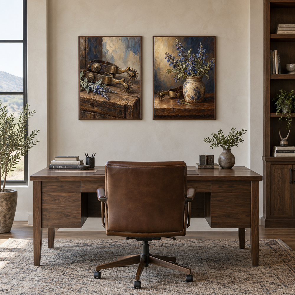 Spurs and Blue Sage Western oil painting set of 2 displayed in a study
