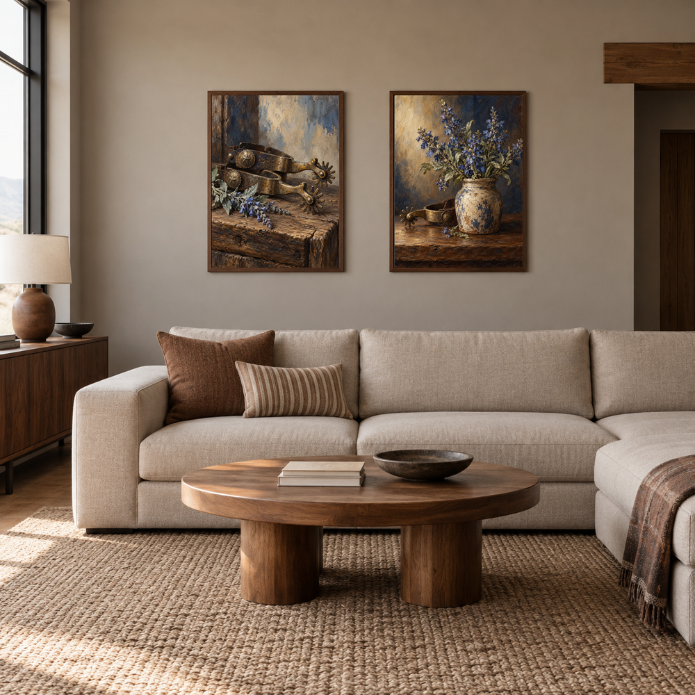 Spurs and Blue Sage Western oil painting set of 2 displayed in a living room
