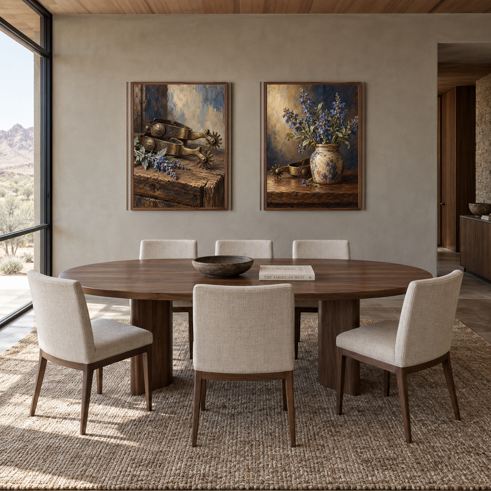Spurs and Blue Sage Western oil painting set of 2 displayed in a dining room