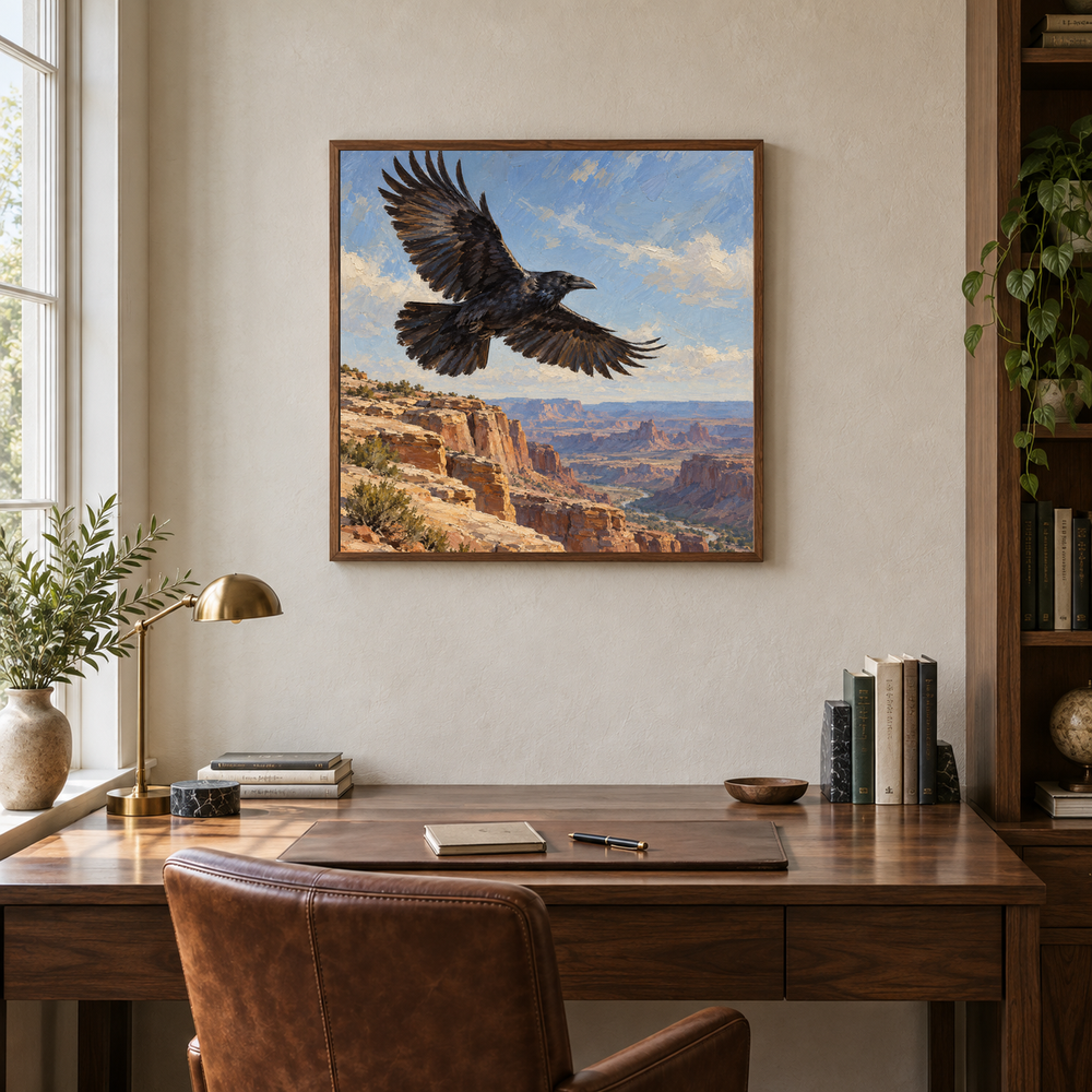 Raven Above the Rimrock Western oil painting displayed in a study