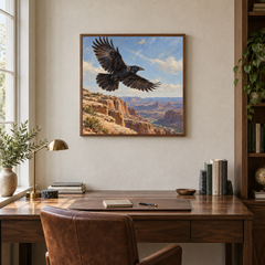 Raven Above the Rimrock Western oil painting displayed in a study