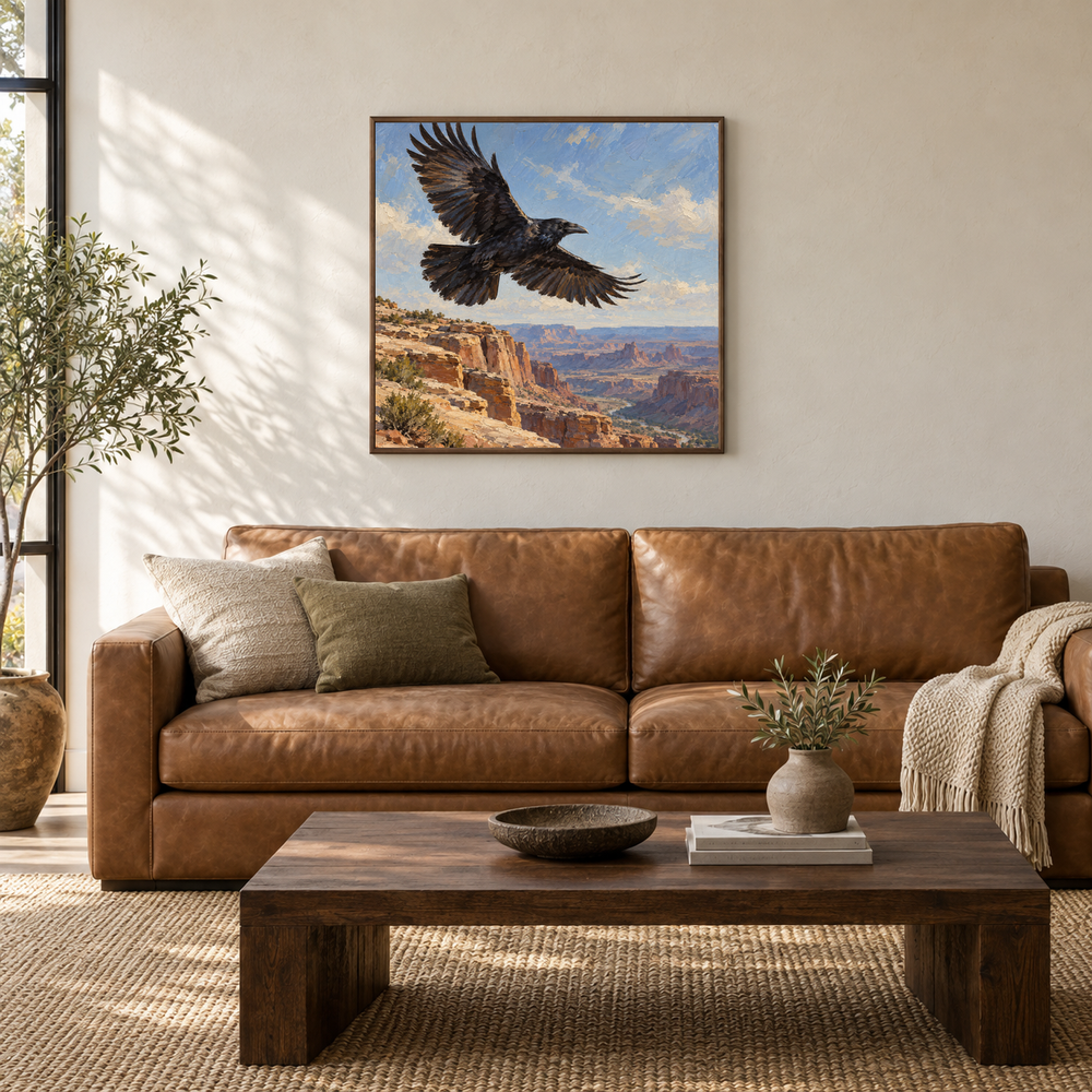 Raven Above the Rimrock Western oil painting displayed in a living room