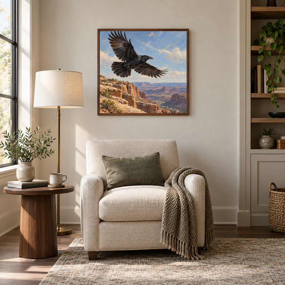 Raven Above the Rimrock Western oil painting displayed in a reading nook