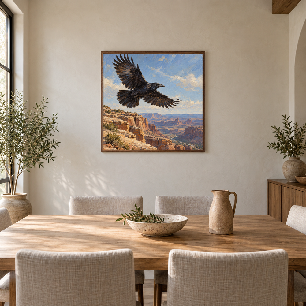 Raven Above the Rimrock Western oil painting displayed in a dining room