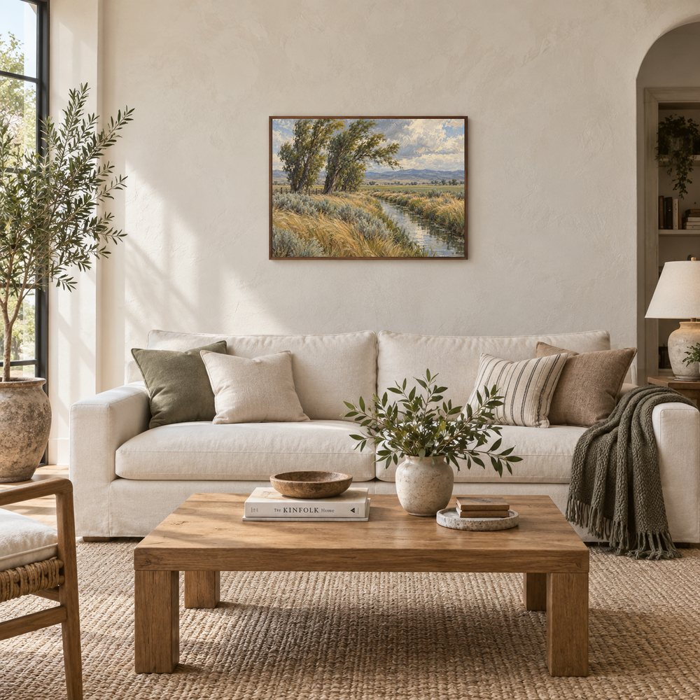 Wind Through the Cottonwoods oil landscape displayed in a living room