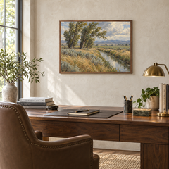 Wind Through the Cottonwoods oil landscape displayed in a home office