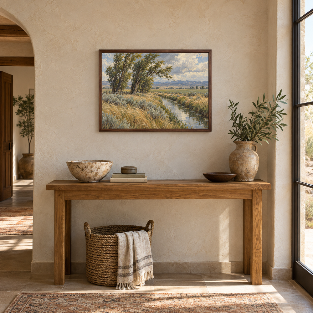 Wind Through the Cottonwoods oil landscape displayed in a entryway