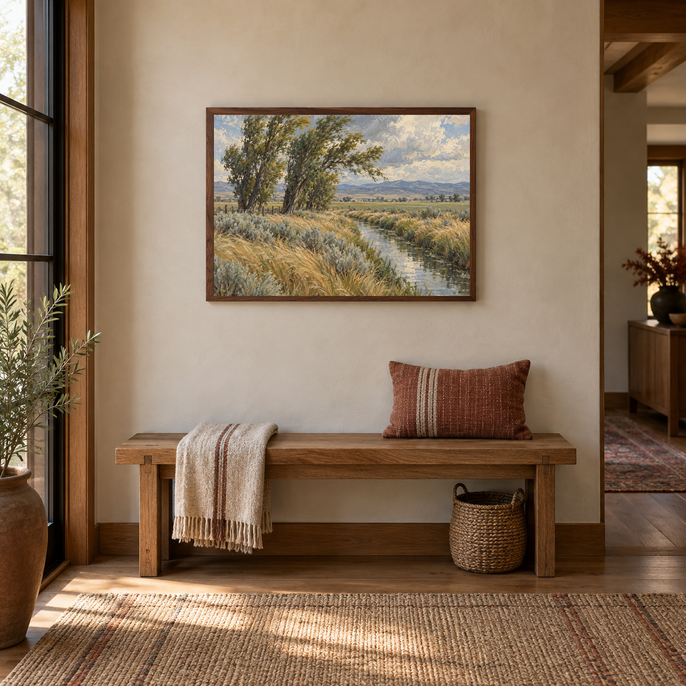 Wind Through the Cottonwoods oil landscape displayed in a entryway