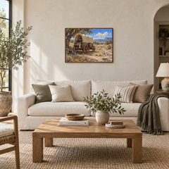 Chuckwagon at Noon oil landscape displayed in a living room