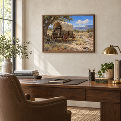 Chuckwagon at Noon oil landscape displayed in a home office