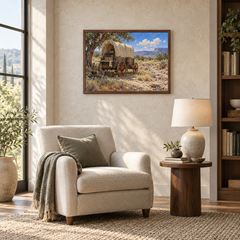 Chuckwagon at Noon oil landscape displayed in a reading nook