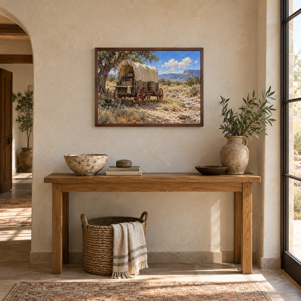 Chuckwagon at Noon oil landscape displayed in a entryway