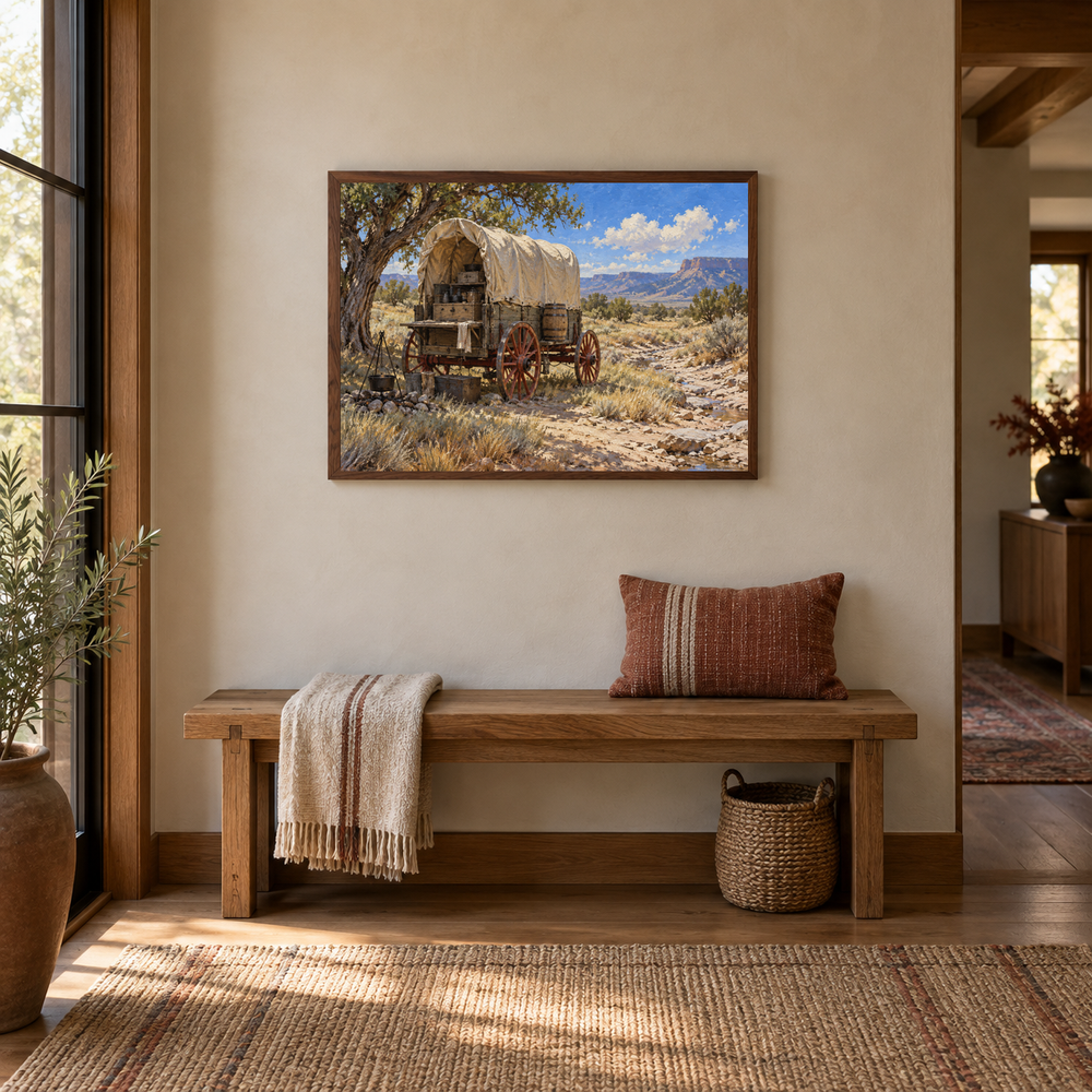 Chuckwagon at Noon oil landscape displayed in a entryway