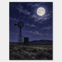 Moon Over the Windmill original Western oil nocturne on a neutral background