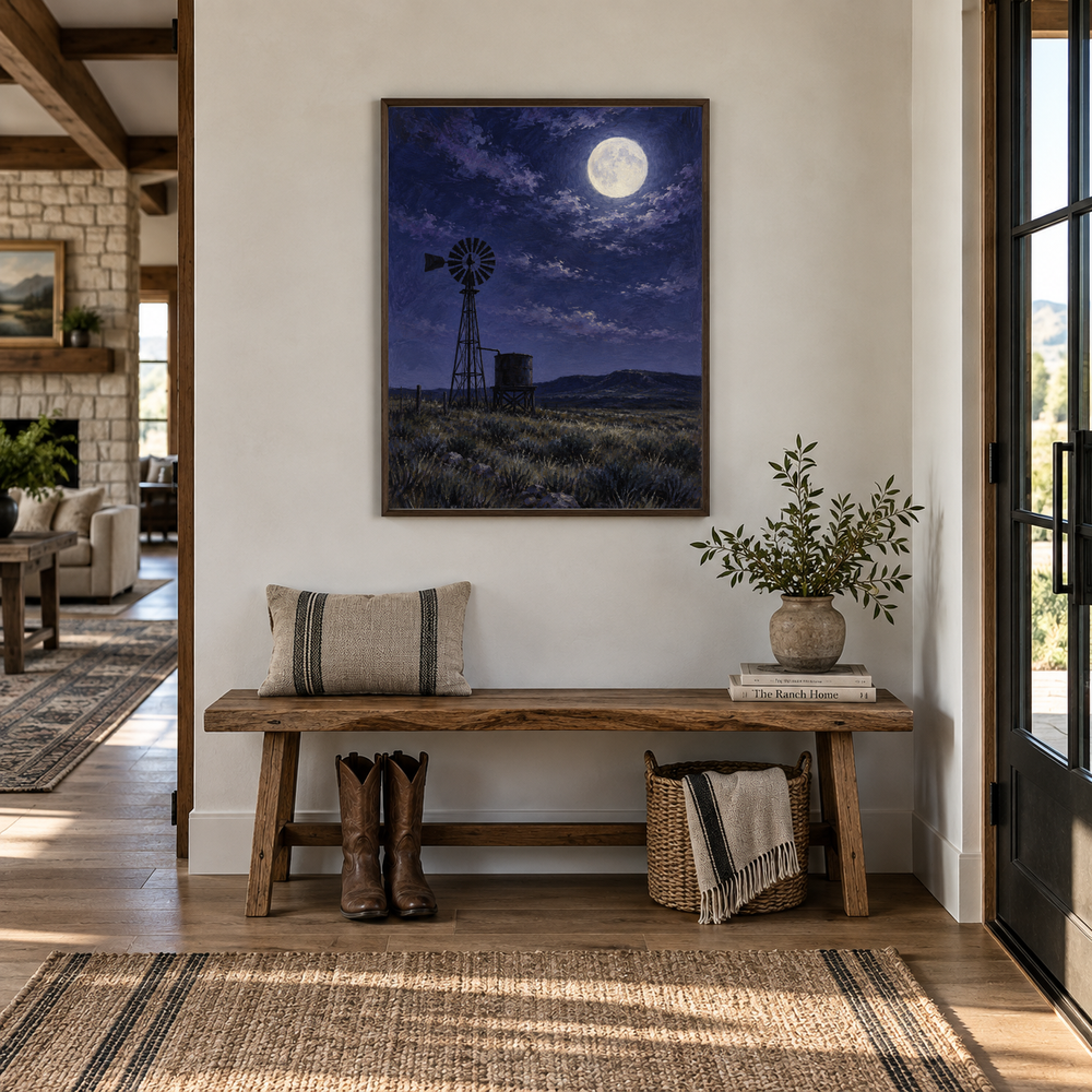 Moon Over the Windmill oil nocturne displayed in a ranch entry hall