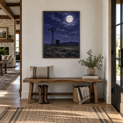 Moon Over the Windmill oil nocturne displayed in a ranch entry hall
