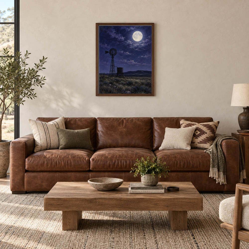 Moon Over the Windmill oil nocturne displayed in a Western living room