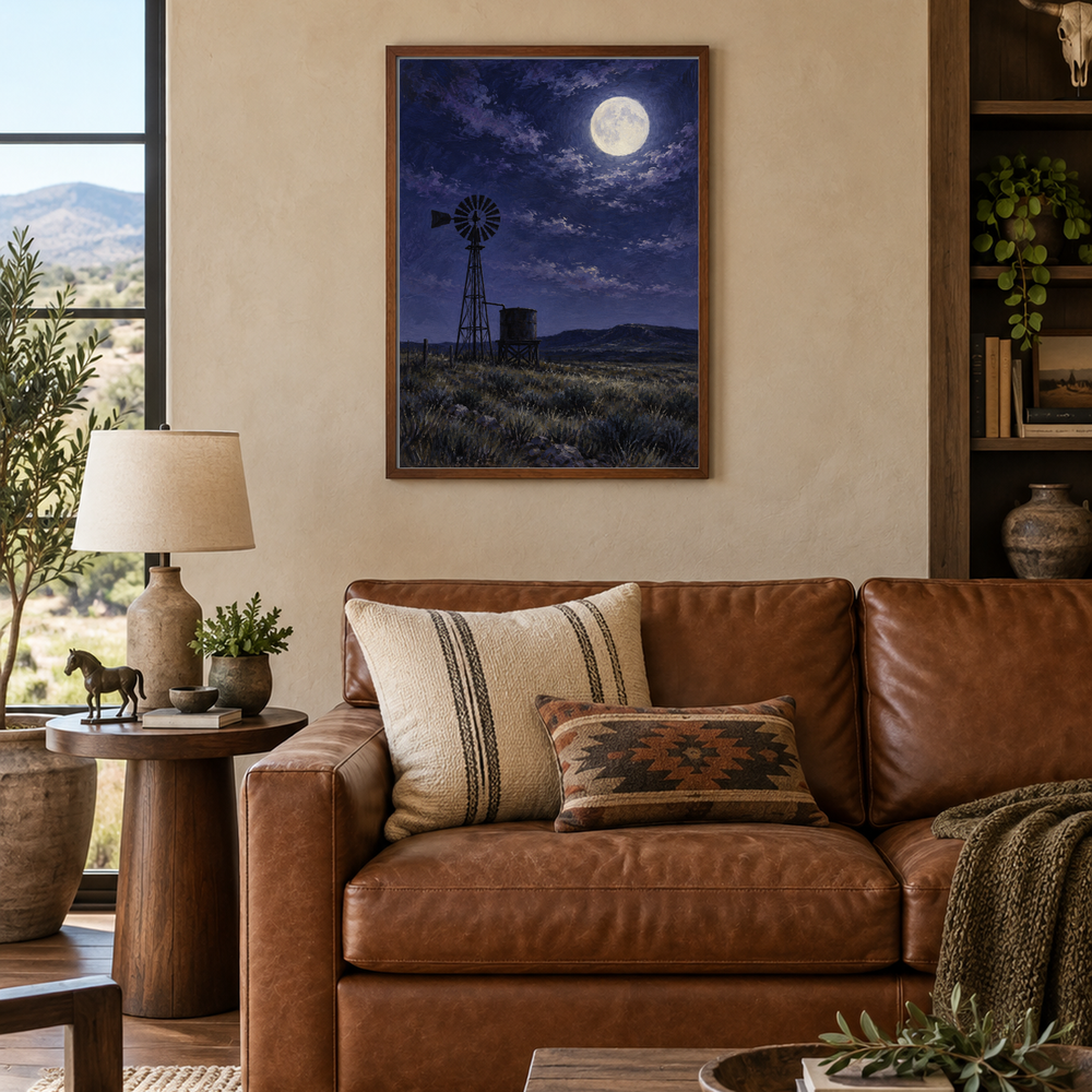 Moon Over the Windmill oil nocturne displayed in a family den