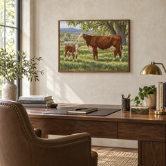 Calving Season oil landscape displayed in a home office