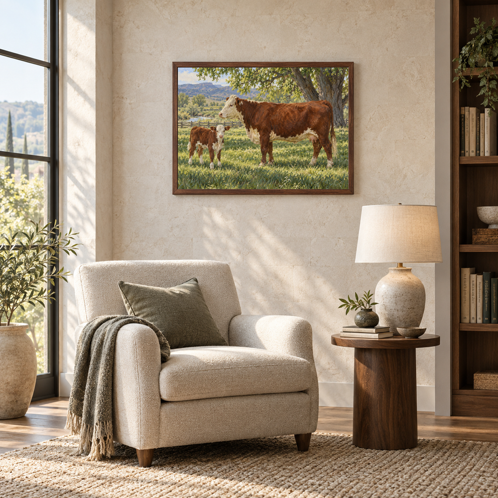 Calving Season oil landscape displayed in a reading nook