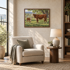 Calving Season oil landscape displayed in a reading nook