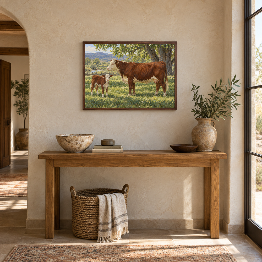 Calving Season oil landscape displayed in a entryway
