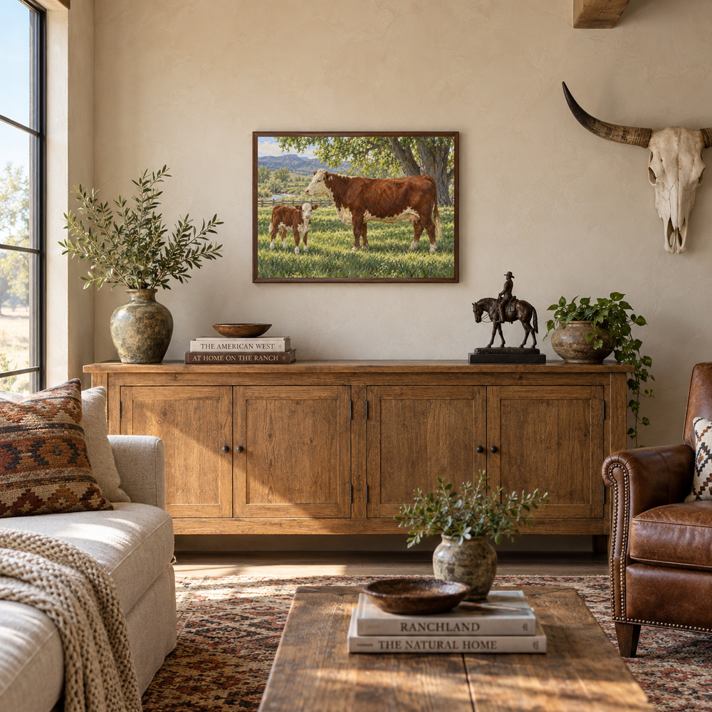 Calving Season oil landscape displayed in a ranch family room