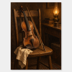 Fiddle after Supper original Western oil nocturne on a neutral background
