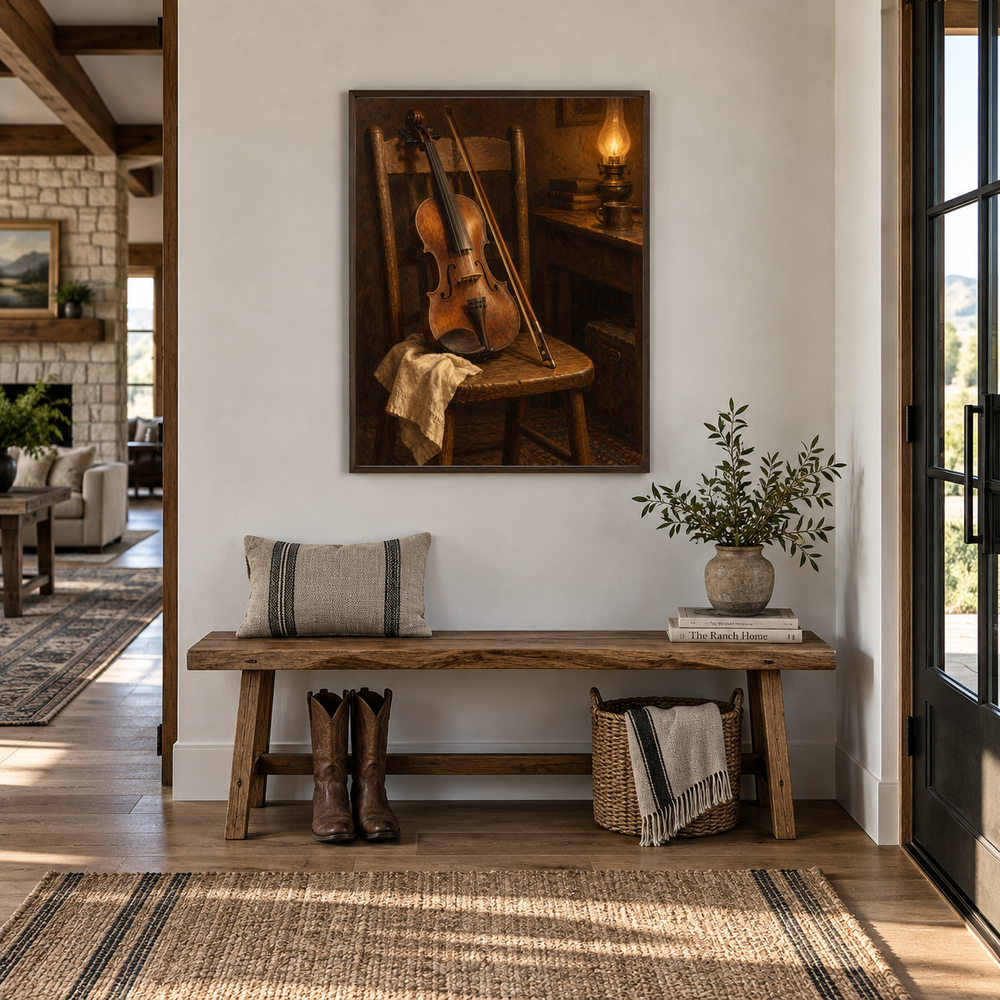 Fiddle after Supper oil nocturne displayed in a ranch entry hall
