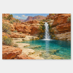Rimrock Waterfall original Western oil landscape on a neutral background