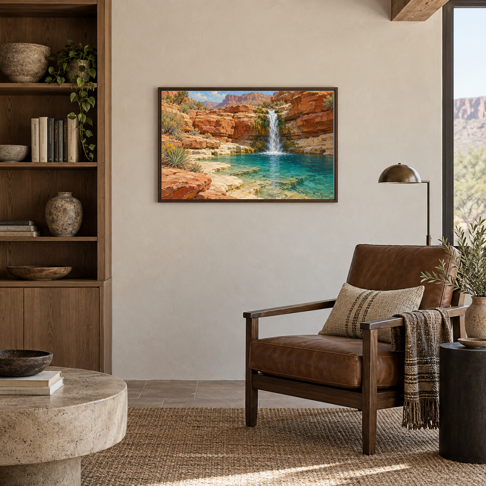 Rimrock Waterfall oil landscape displayed in a reading nook