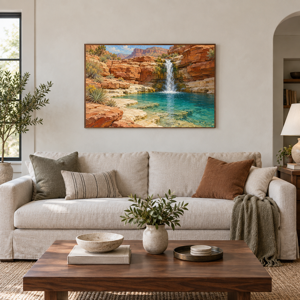 Rimrock Waterfall oil landscape displayed in a living room