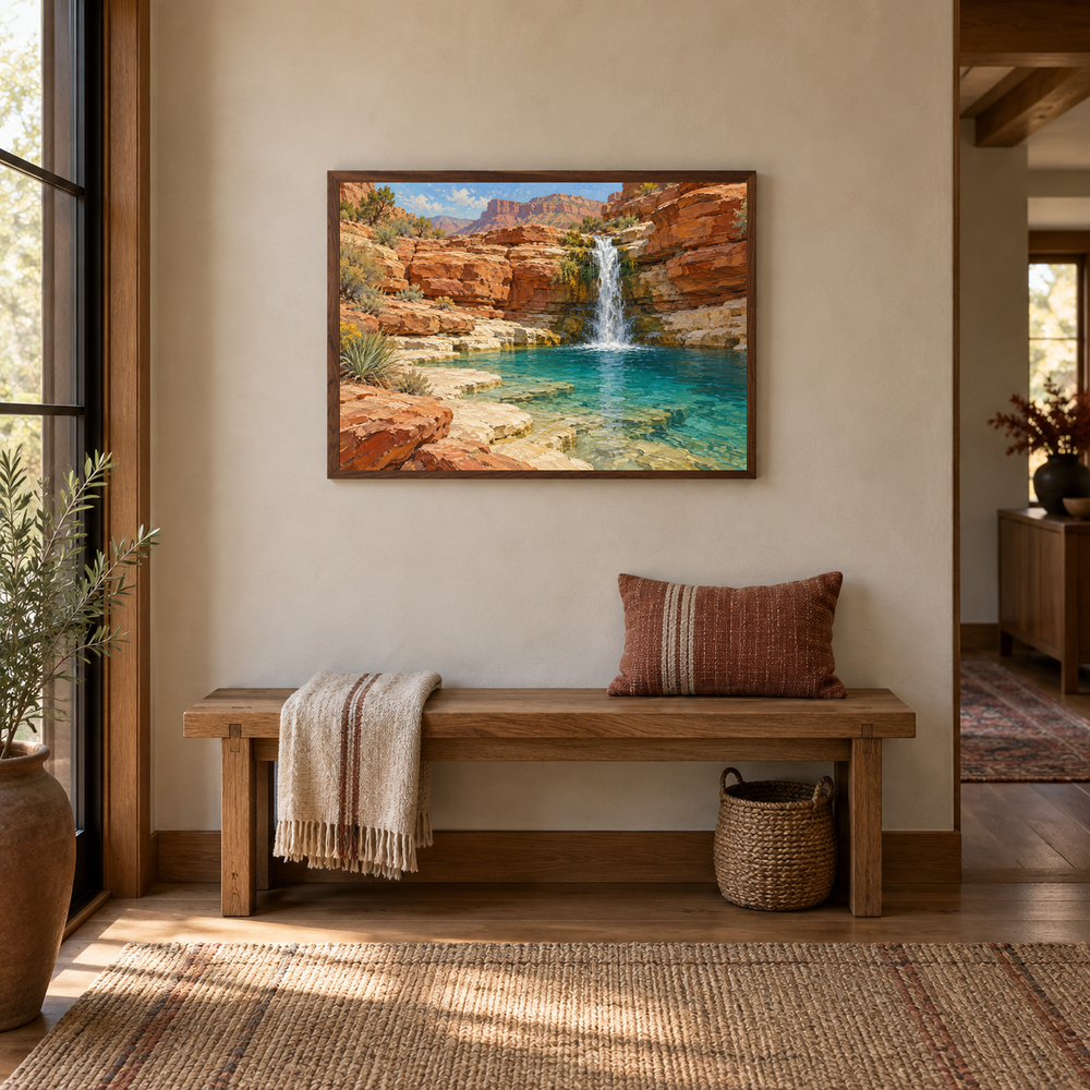 Rimrock Waterfall oil landscape displayed in a home office