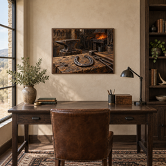 The Farrier's Light oil painting displayed in a ranch office