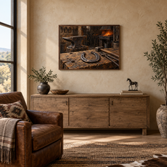 The Farrier's Light oil painting displayed in a ranch den