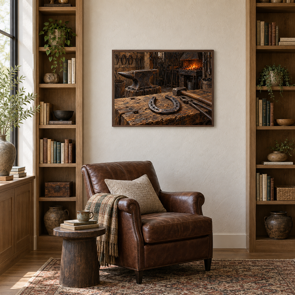 The Farrier's Light oil painting displayed in a reading nook