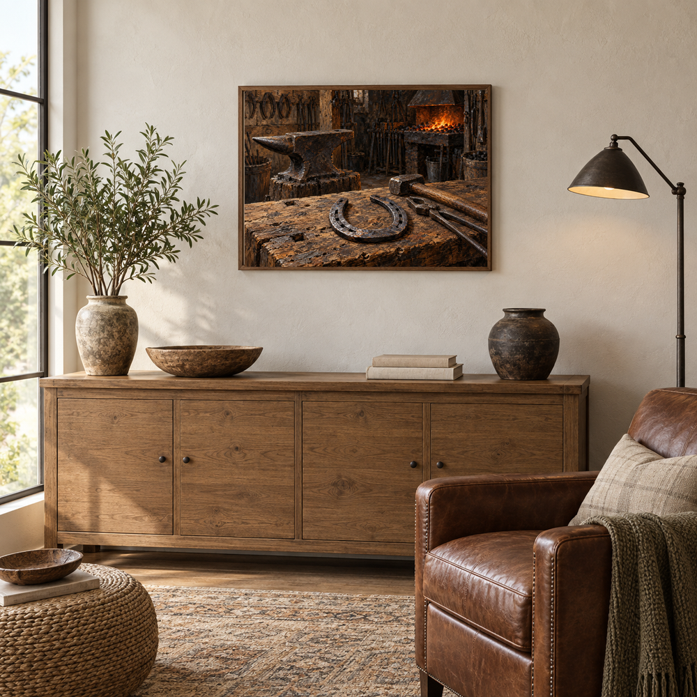 The Farrier's Light oil painting displayed in a living room