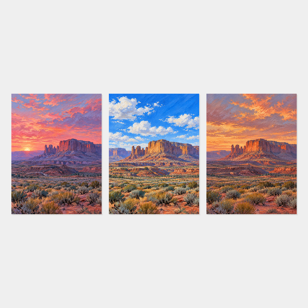 Three Skies over Red Mesa Western oil painting set of three
