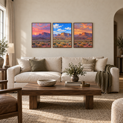 Three Skies over Red Mesa triptych displayed in a living room