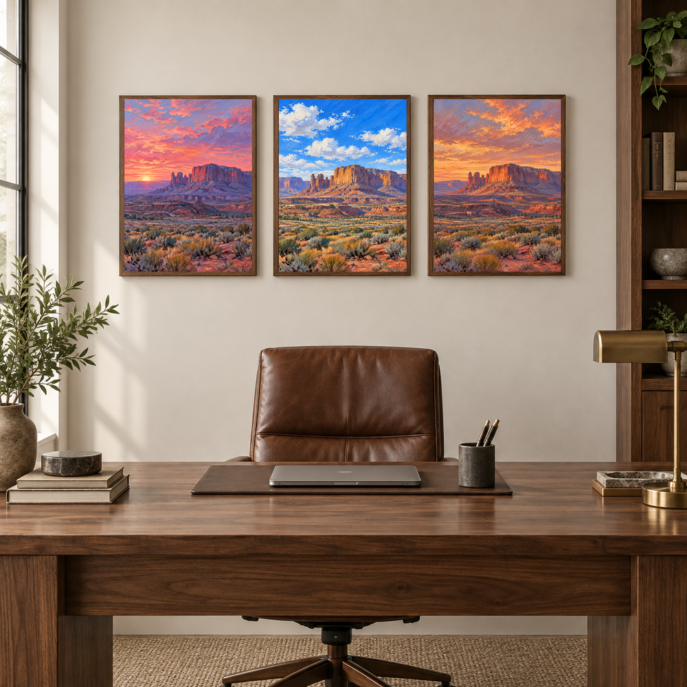 Three Skies over Red Mesa triptych displayed in a ranch office