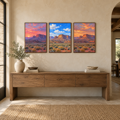 Three Skies over Red Mesa triptych displayed in a texas entryway