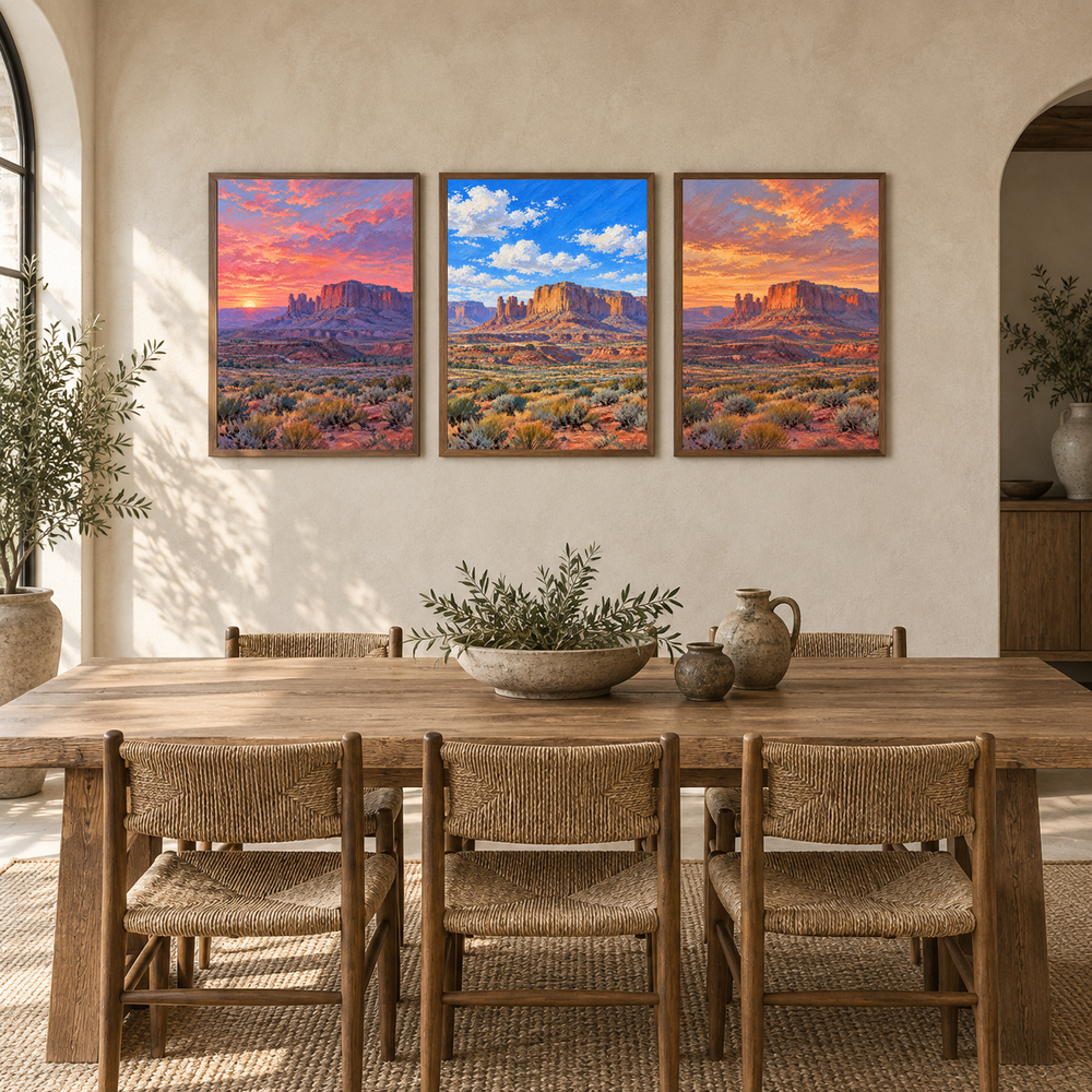 Three Skies over Red Mesa triptych displayed in a dining room
