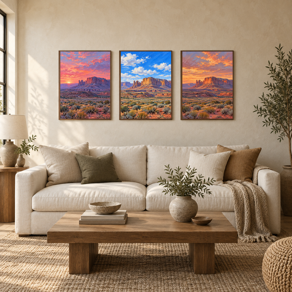Three Skies over Red Mesa triptych displayed in a neutral living room