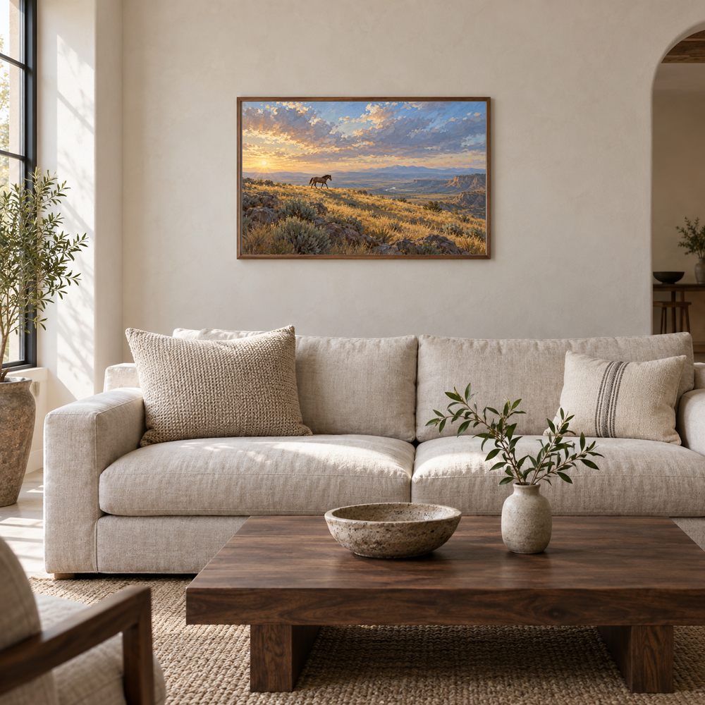 The Mustang's Shadow Western oil painting displayed in an interior scene 1