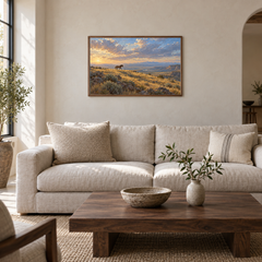 The Mustang's Shadow Western oil painting displayed in an interior scene 1