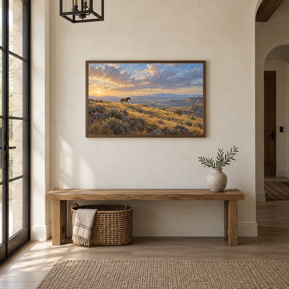 The Mustang's Shadow Western oil painting displayed in an interior scene 4