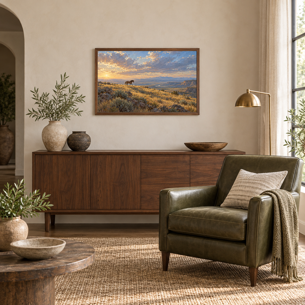 The Mustang's Shadow Western oil painting displayed in an interior scene 5