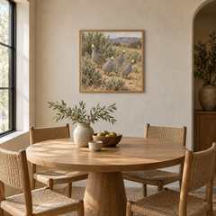 Quail in the Saltbush oil painting framed in a breakfast nook