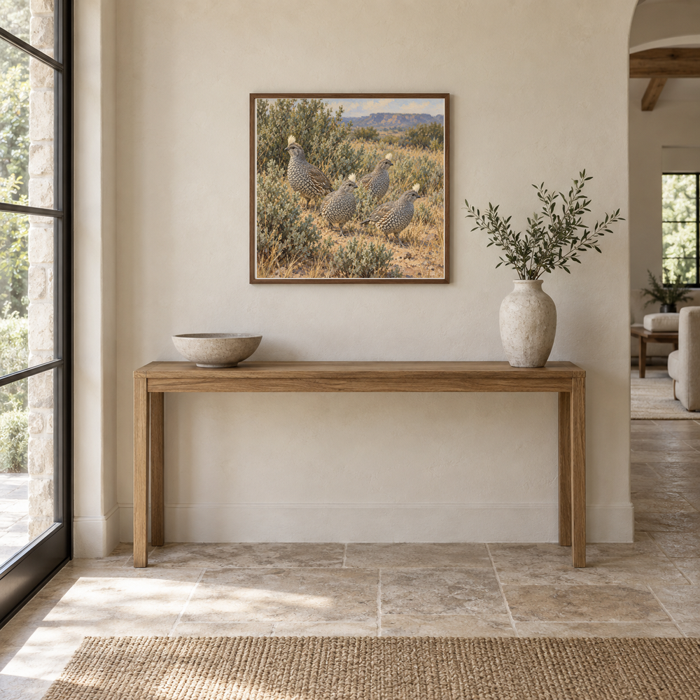Quail in the Saltbush oil painting framed in a entryway